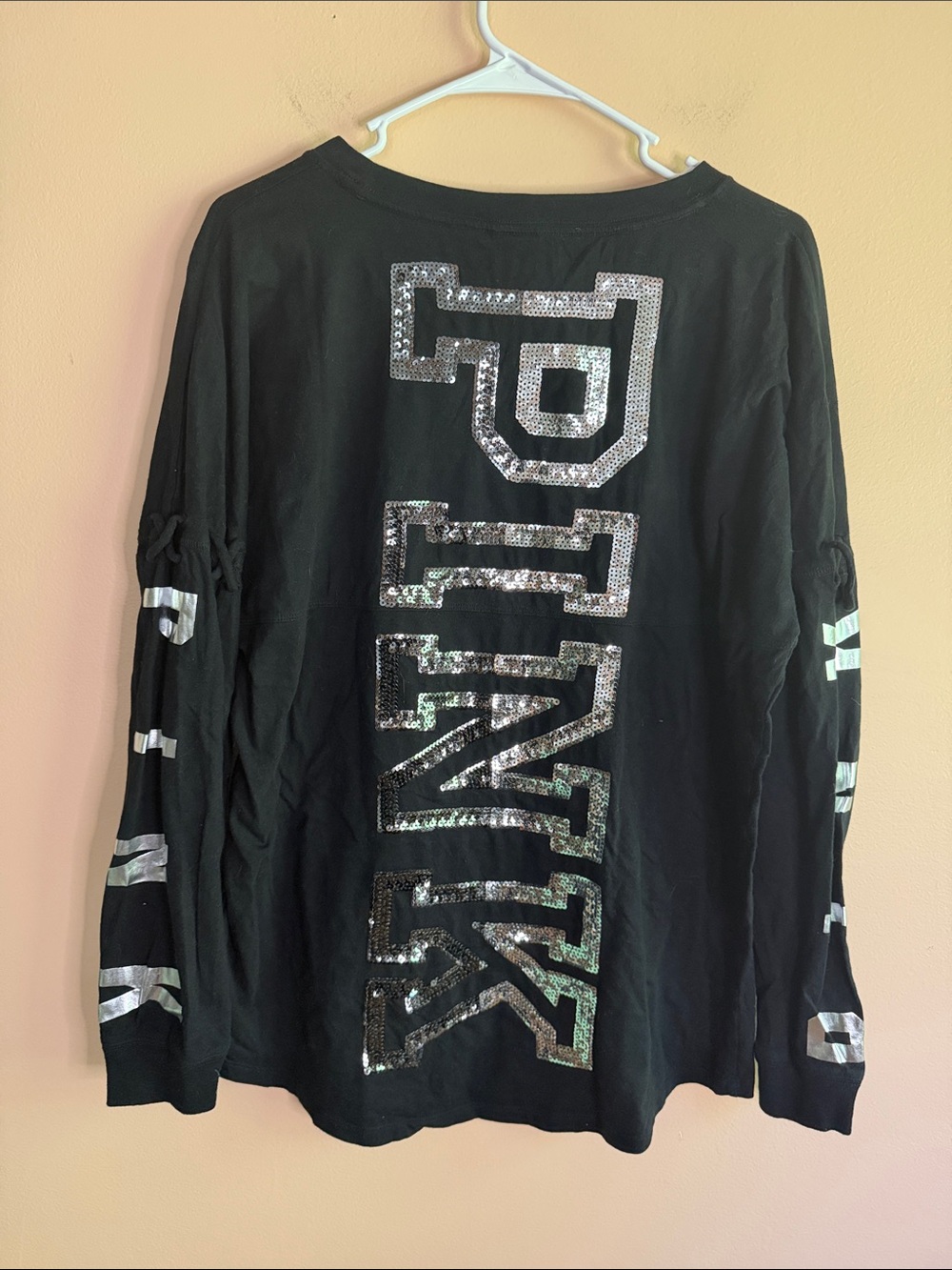 PINK Victoria's Secret Black Long-Sleeve Tee with Silver Sequin Logo